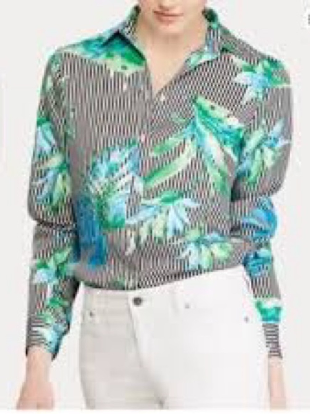 Lauren Ralph Lauren Black & White Striped Tropical Floral Blouse size M (4,10)